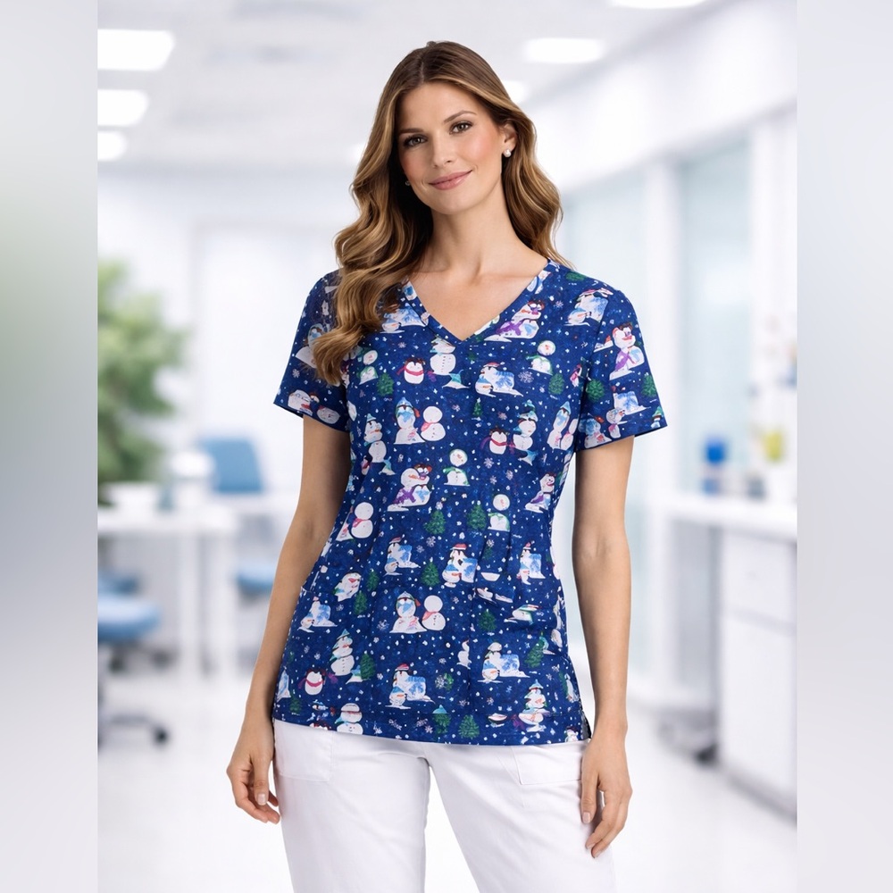 Scrubstar Blue Snowman Print Scrub Top